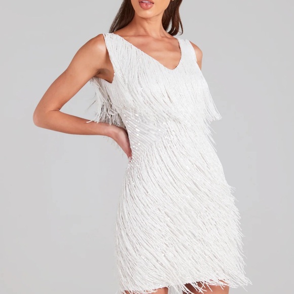 Nadine Merabi Elegant White Fringe Dress - Picture 4 of 9